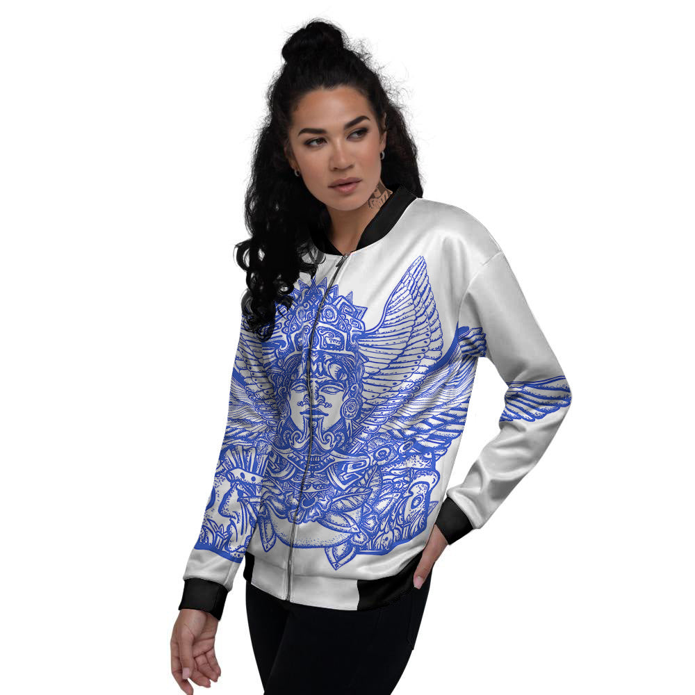 Mayan Statue White And Blue Print Women's Bomber Jacket-grizzshop
