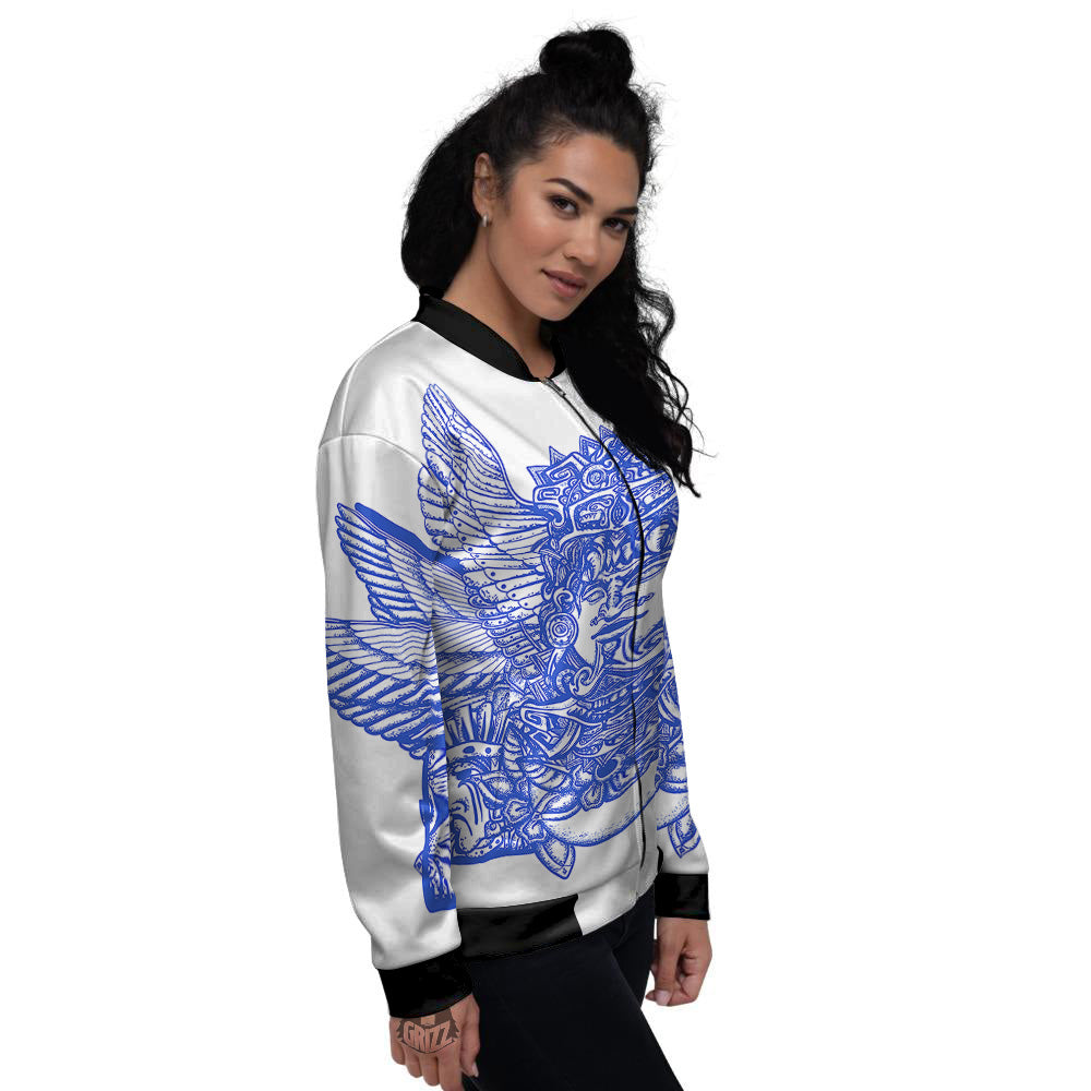 Mayan Statue White And Blue Print Women's Bomber Jacket-grizzshop
