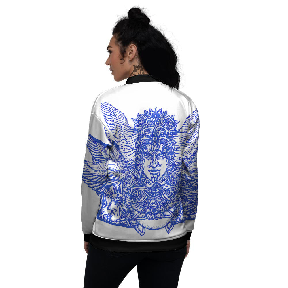 Mayan Statue White And Blue Print Women's Bomber Jacket-grizzshop