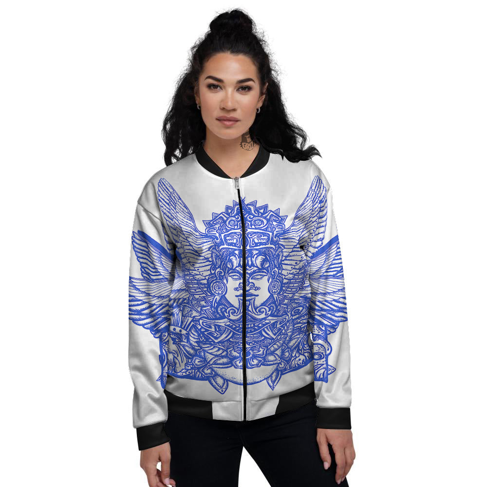 Mayan Statue White And Blue Print Women's Bomber Jacket-grizzshop