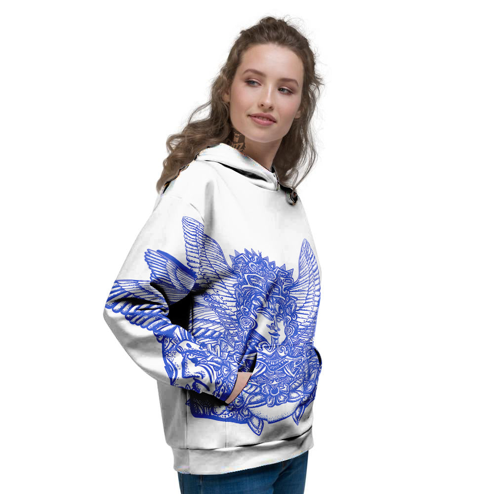 Mayan Statue White And Blue Print Women's Hoodie-grizzshop