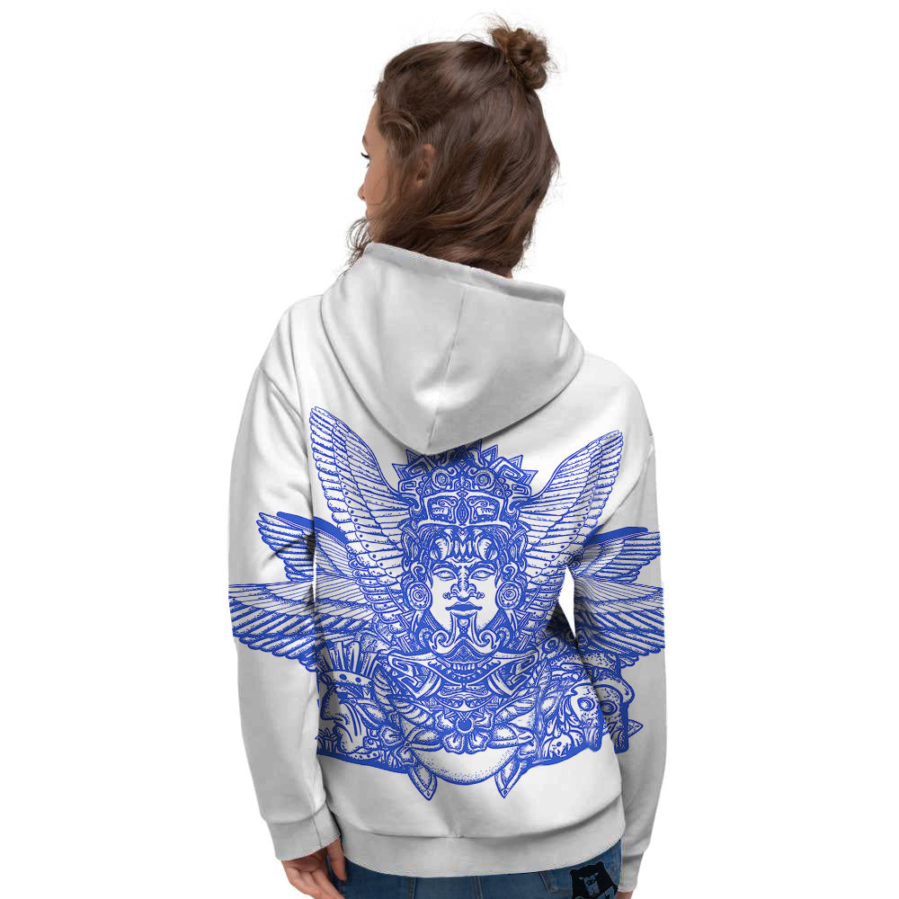 Mayan Statue White And Blue Print Women's Hoodie-grizzshop