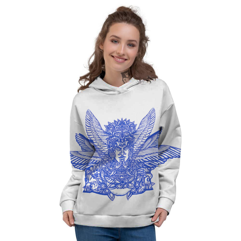 Mayan Statue White And Blue Print Women's Hoodie-grizzshop