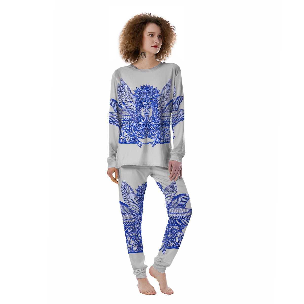 Mayan Statue White And Blue Print Women's Pajamas-grizzshop