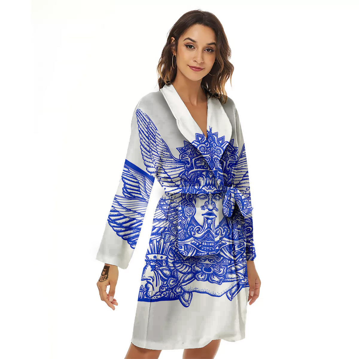 Mayan Statue White And Blue Print Women's Robe-grizzshop