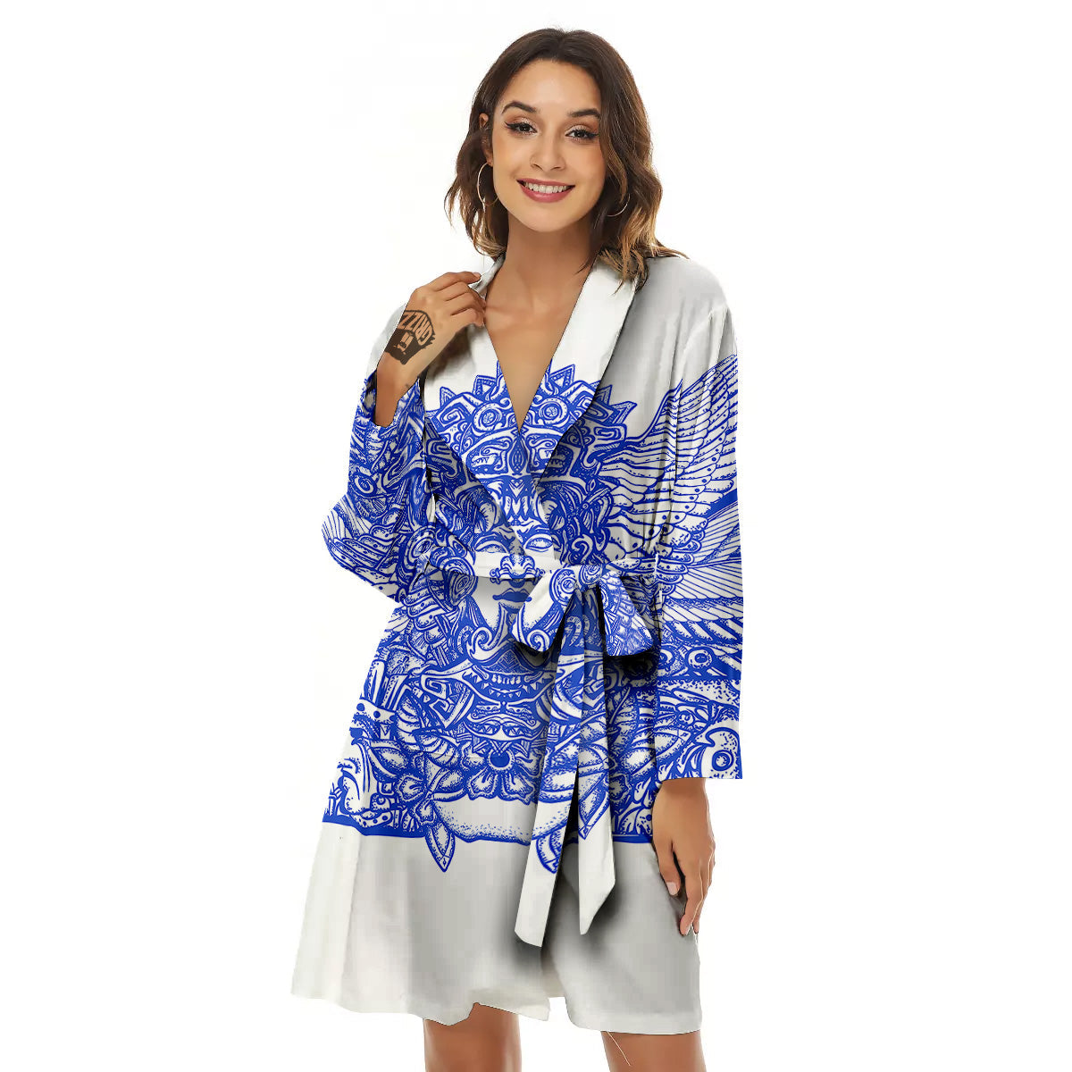 Mayan Statue White And Blue Print Women's Robe-grizzshop