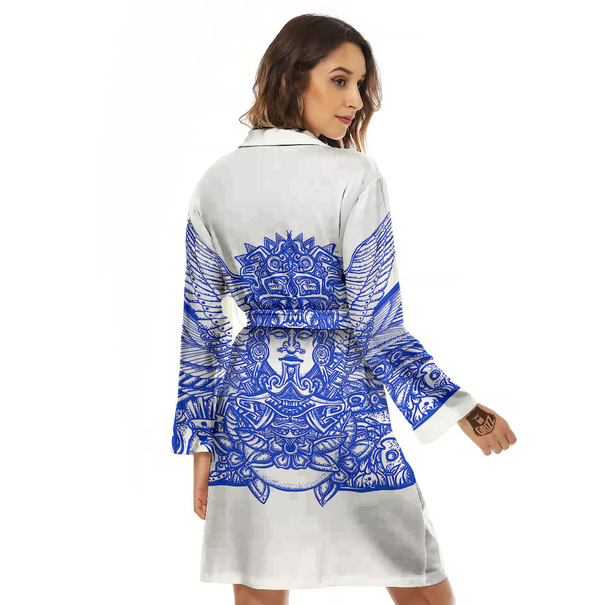 Mayan Statue White And Blue Print Women's Robe-grizzshop