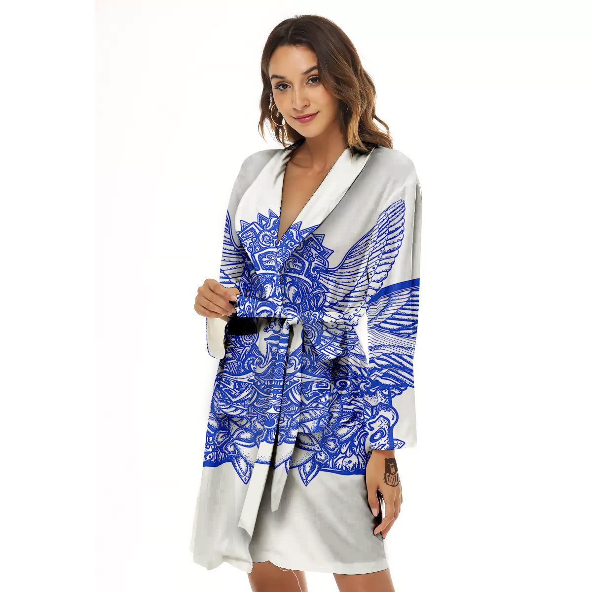 Mayan Statue White And Blue Print Women's Robe-grizzshop
