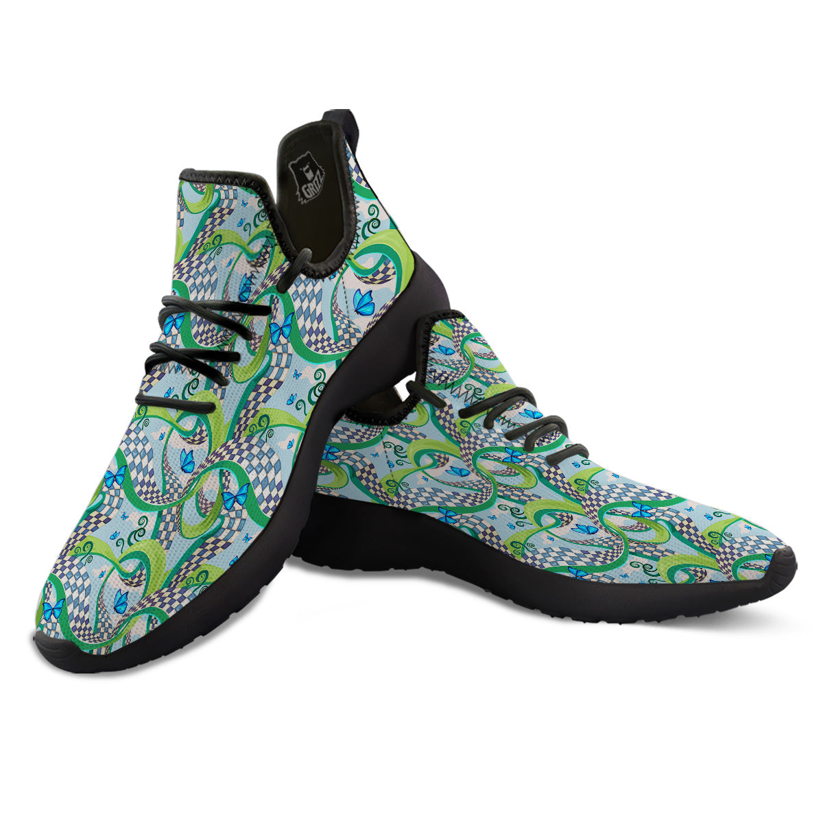 Maze Checkered Print Pattern Black Athletic Shoes-grizzshop