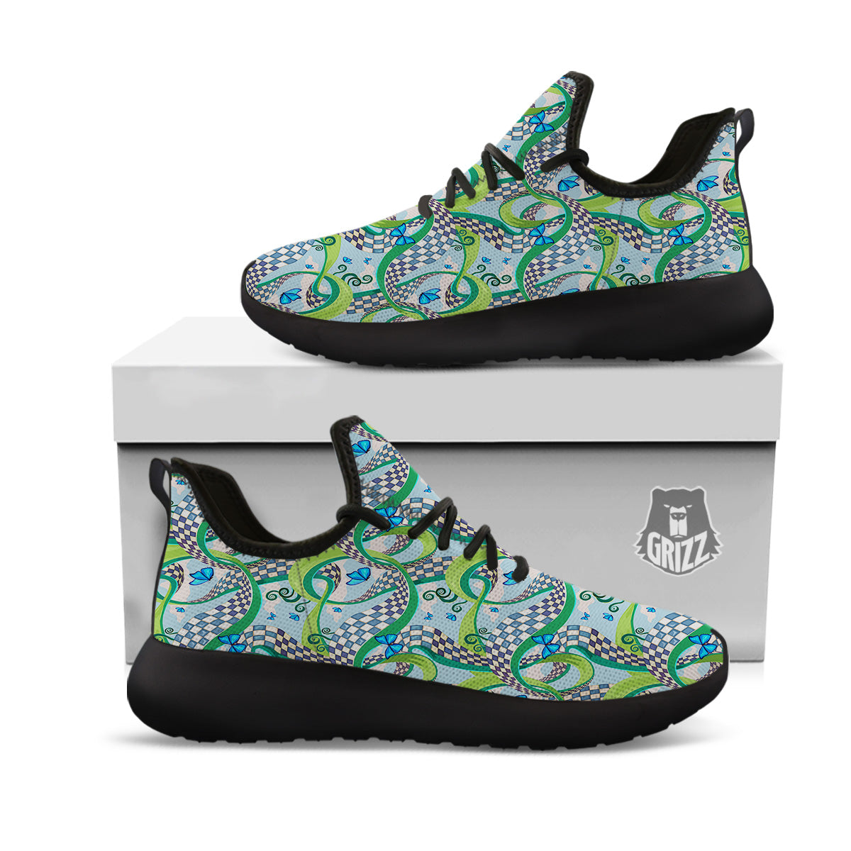 Maze Checkered Print Pattern Black Athletic Shoes-grizzshop
