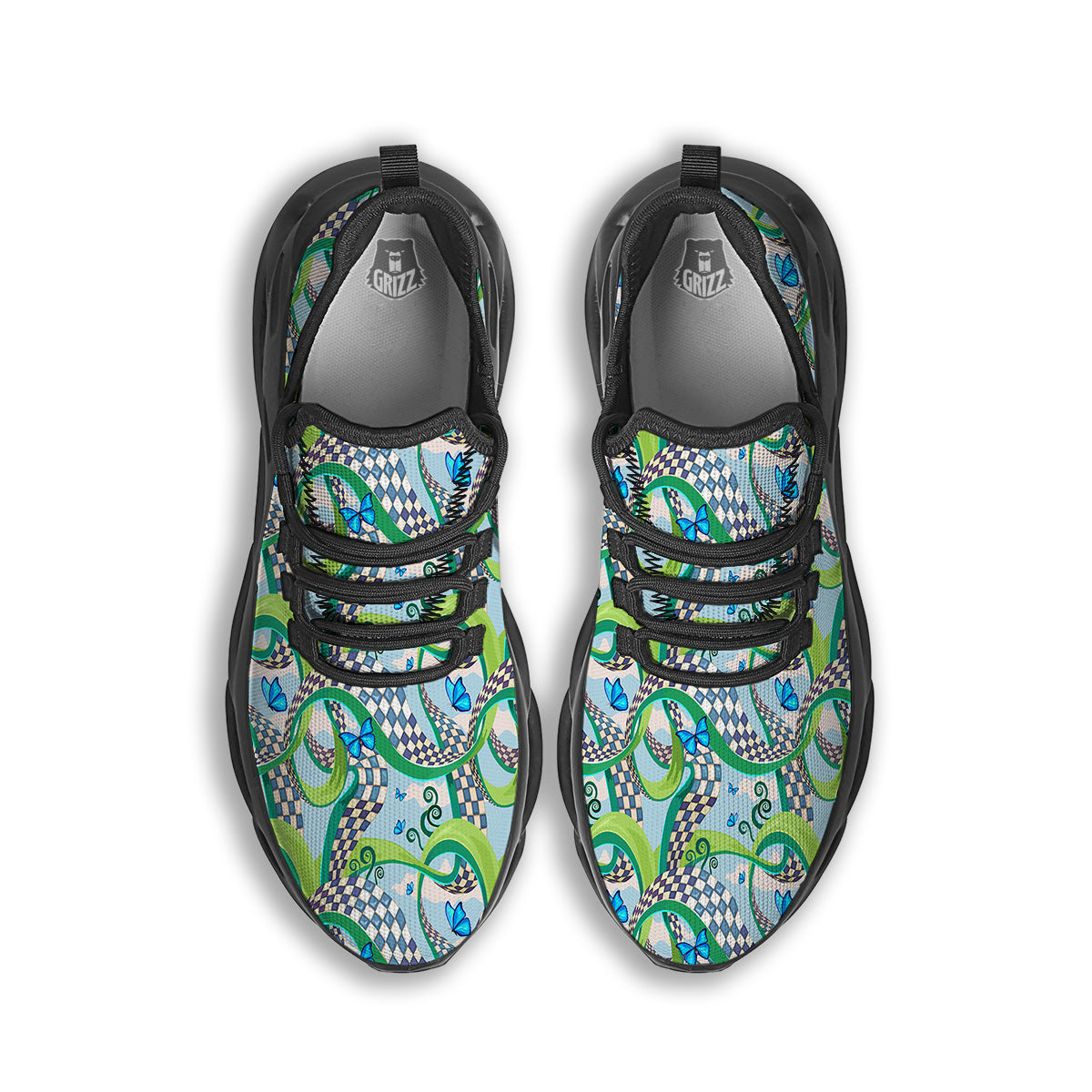 Maze Checkered Print Pattern Black Running Shoes-grizzshop
