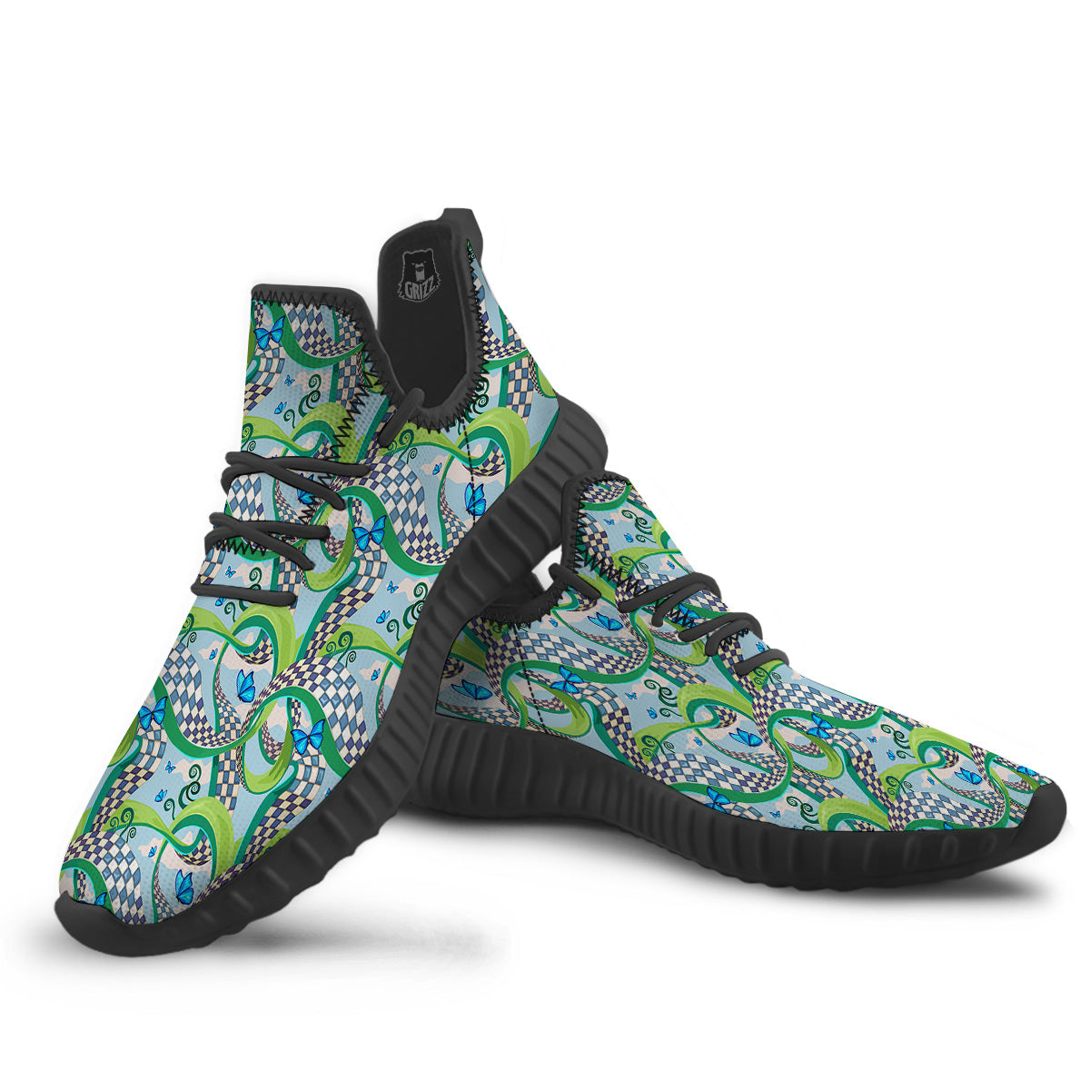 Maze Checkered Print Pattern Black Walking Shoes-grizzshop
