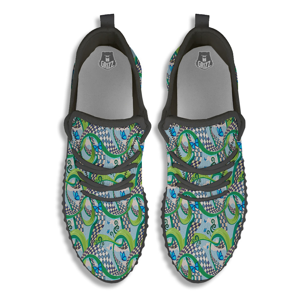 Maze Checkered Print Pattern Black Walking Shoes-grizzshop