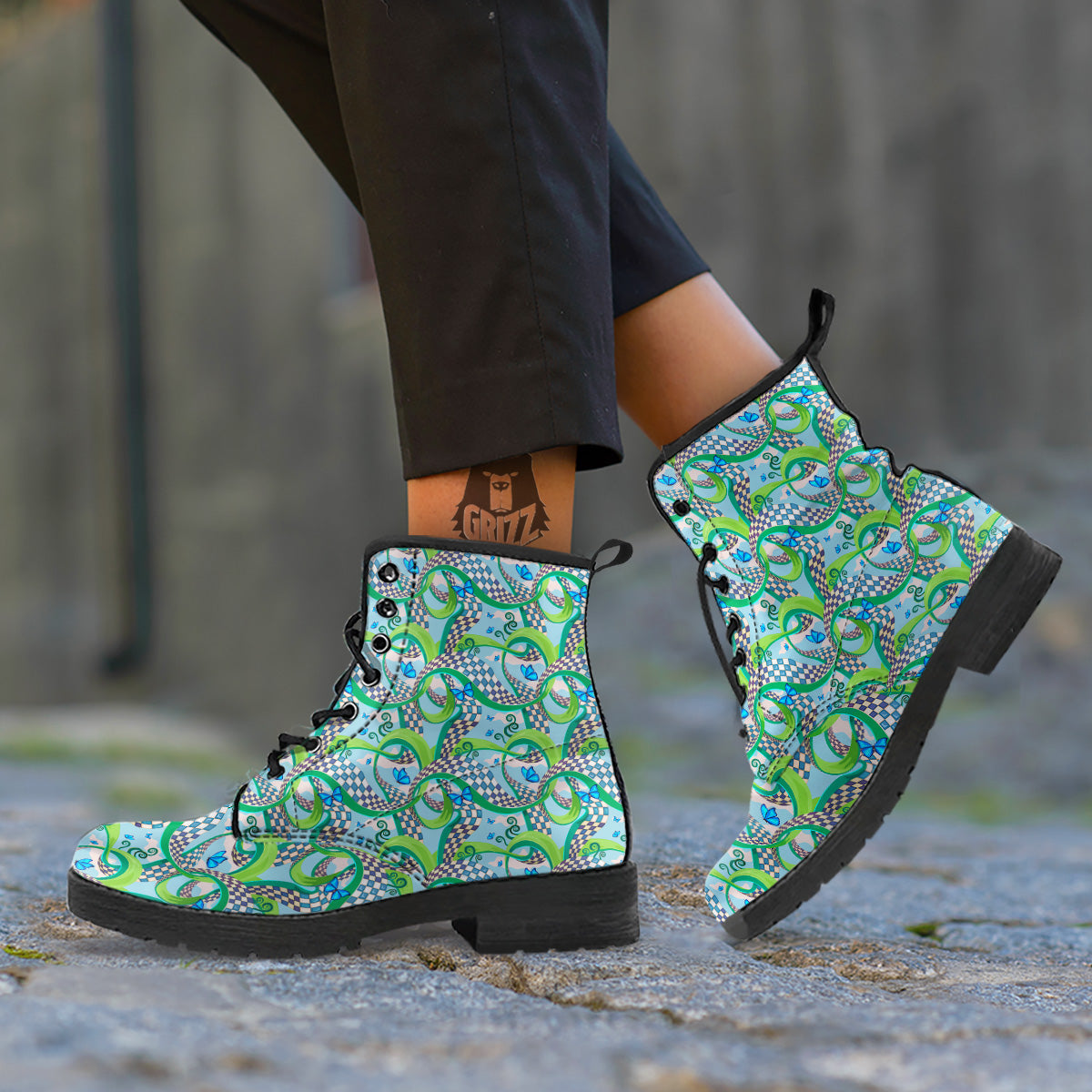 Maze Checkered Print Pattern Leather Boots-grizzshop