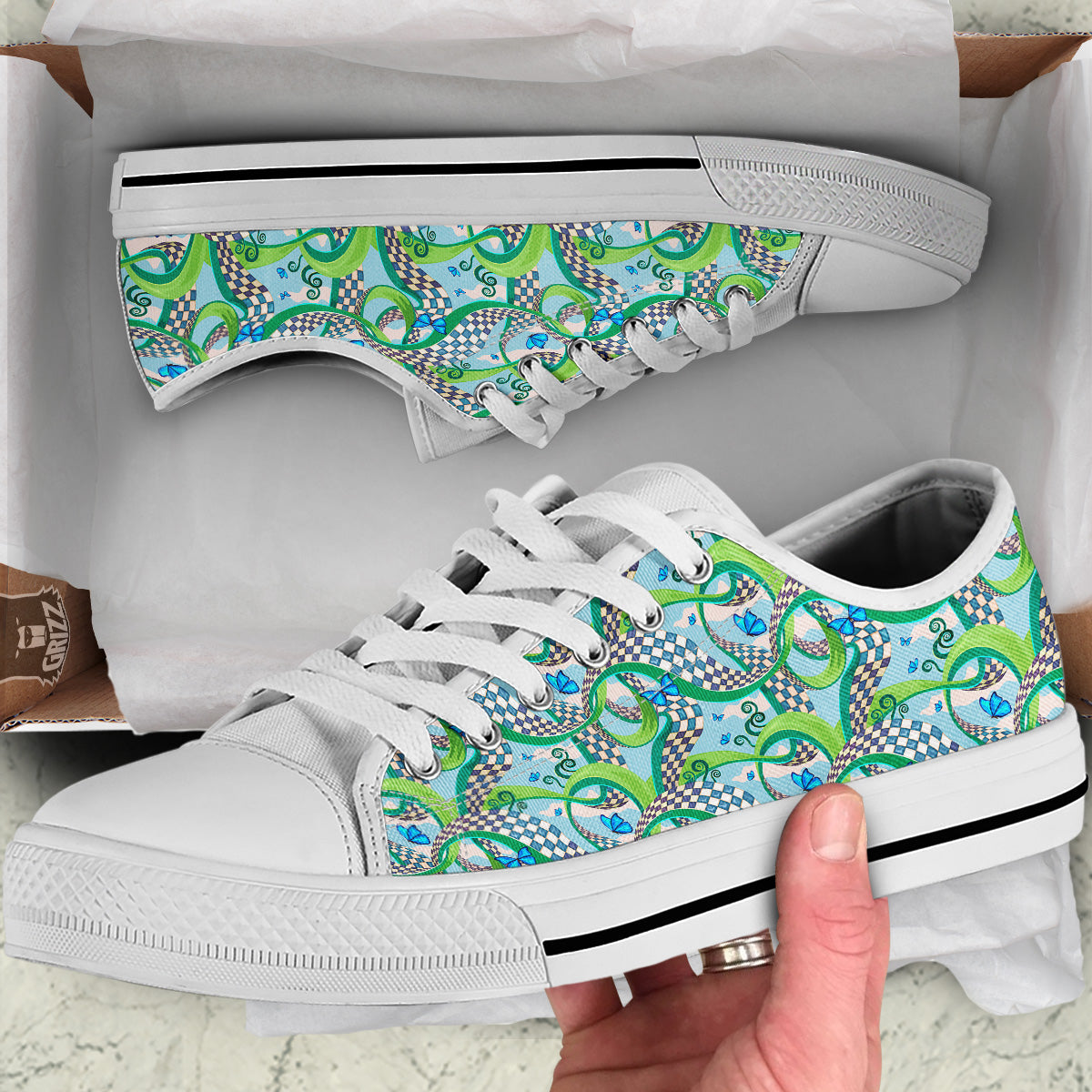 Maze Checkered Print Pattern White Low Top Shoes-grizzshop