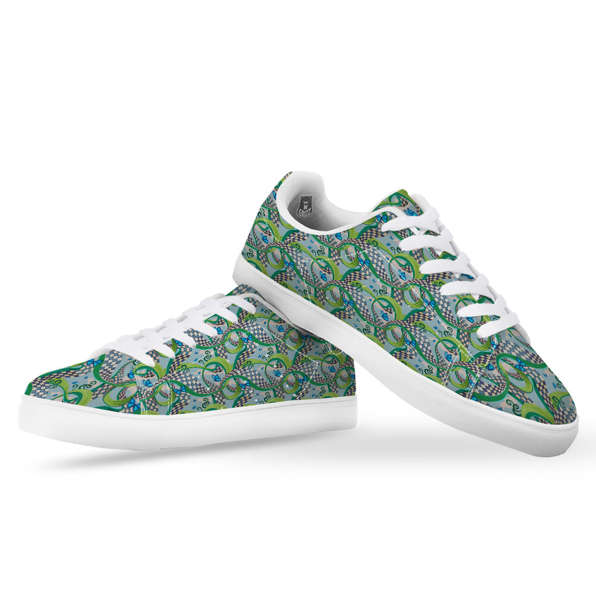 Maze Checkered Print Pattern White Low Top Sneakers-grizzshop