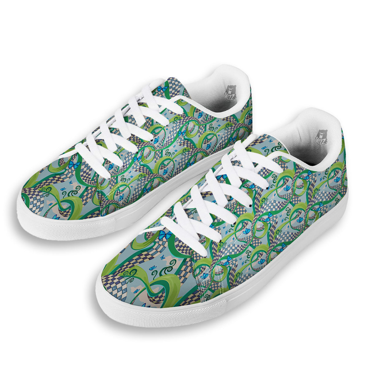 Maze Checkered Print Pattern White Low Top Sneakers-grizzshop