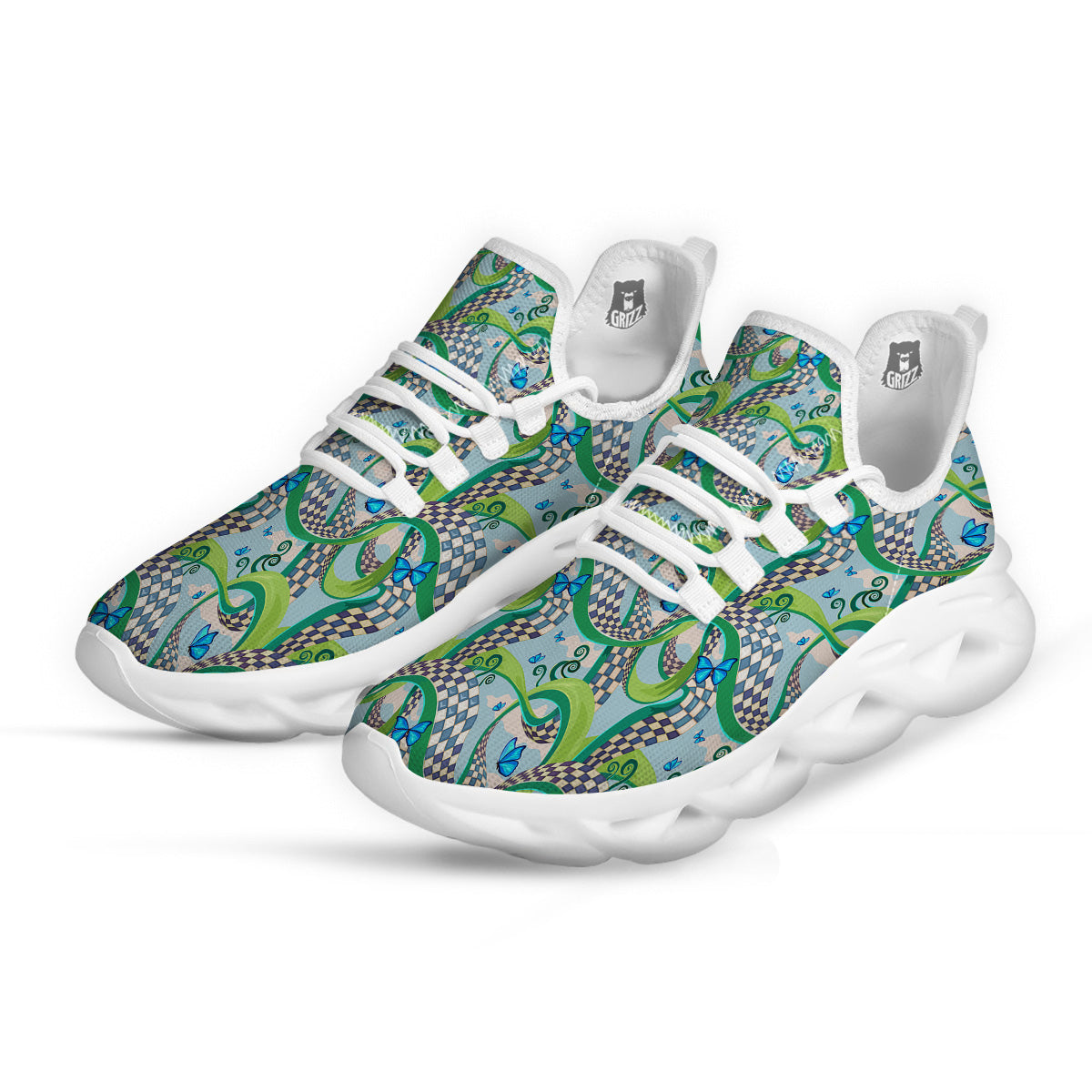 Maze Checkered Print Pattern White Running Shoes-grizzshop