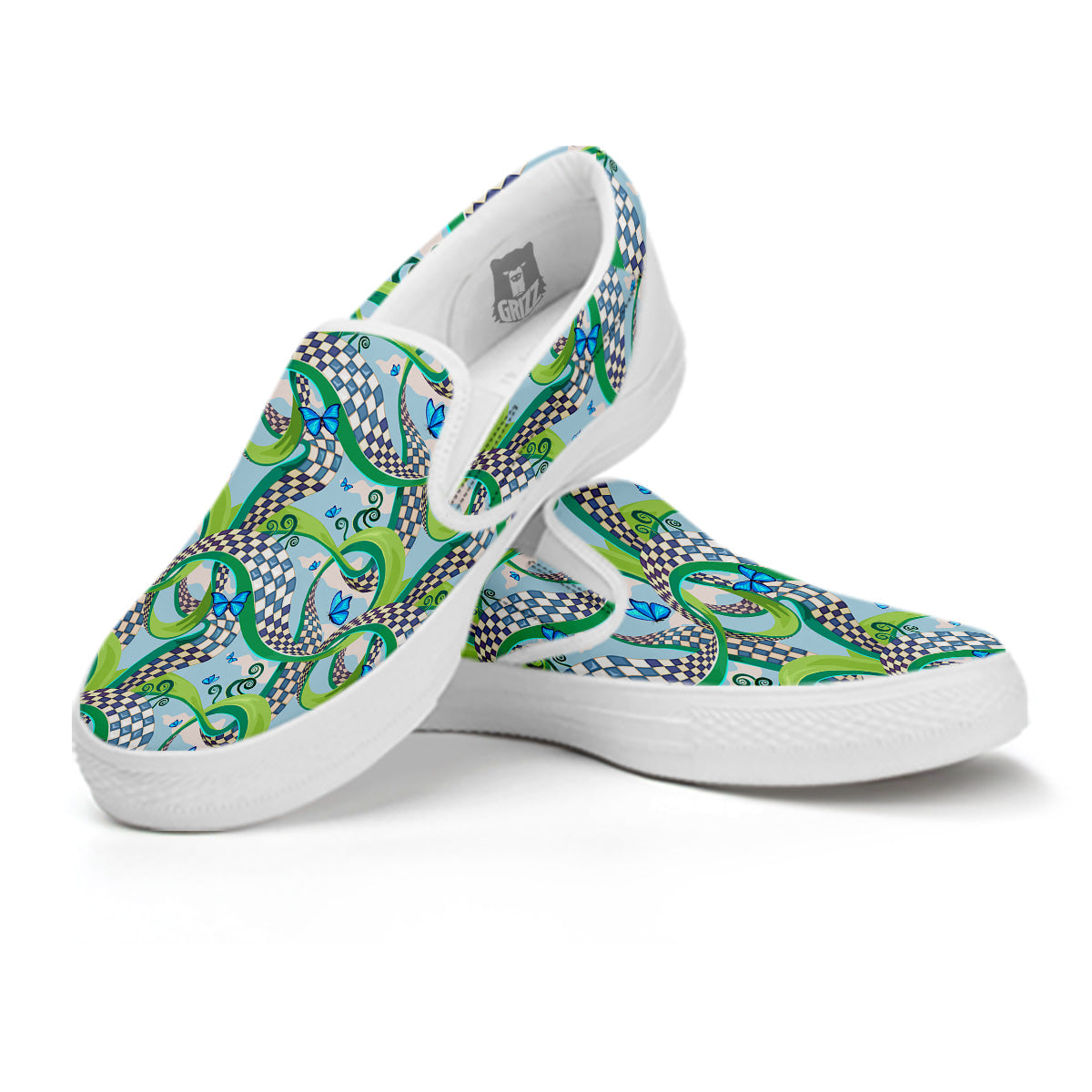 Maze Checkered Print Pattern White Slip On Shoes-grizzshop
