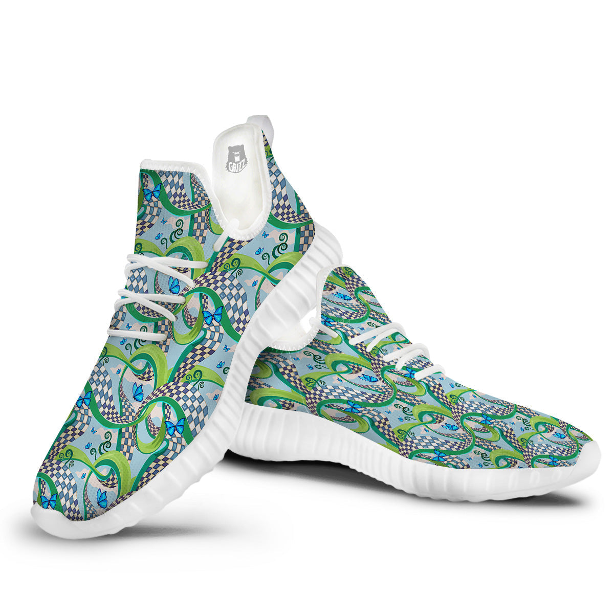 Maze Checkered Print Pattern White Walking Shoes-grizzshop
