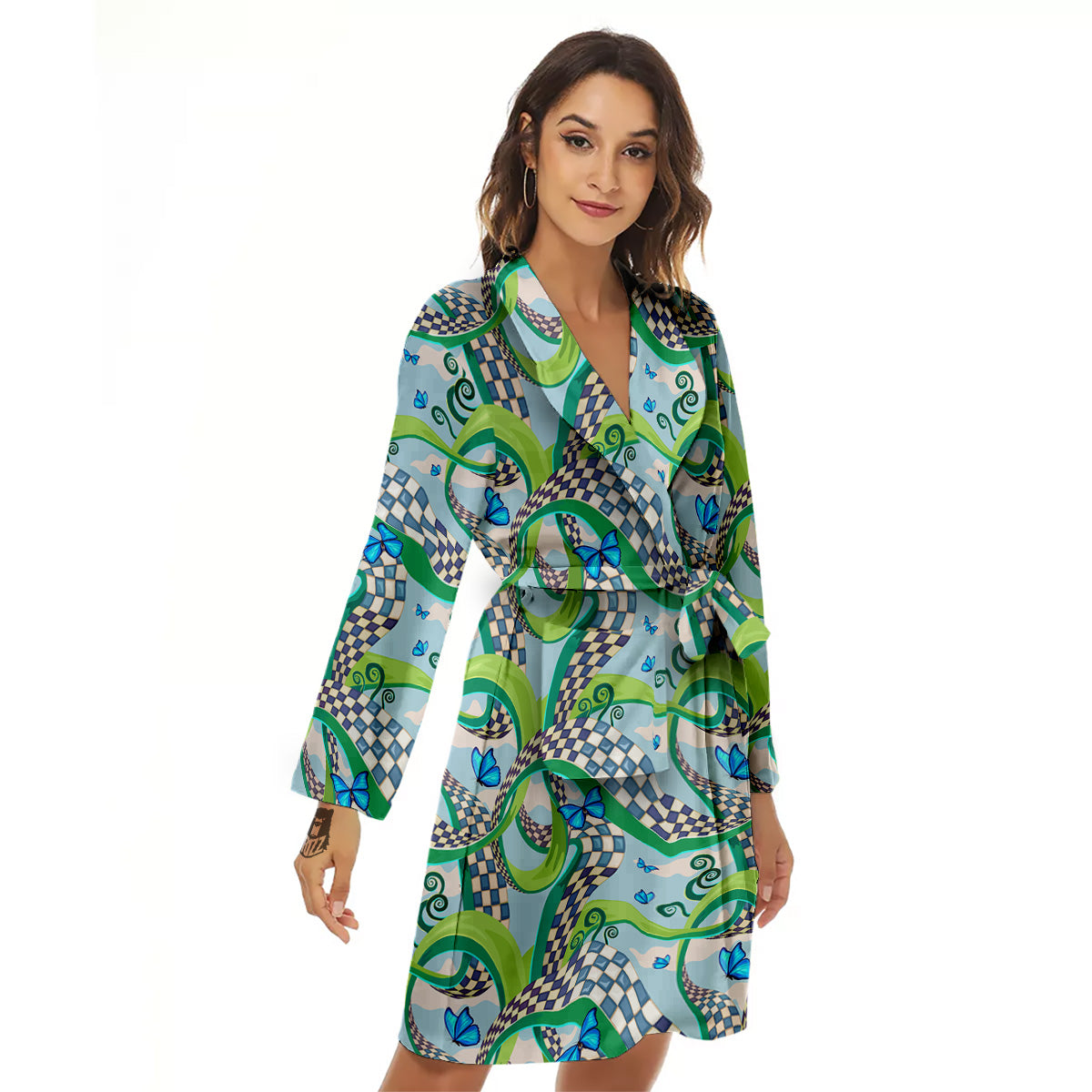 Maze Checkered Print Pattern Women's Robe-grizzshop