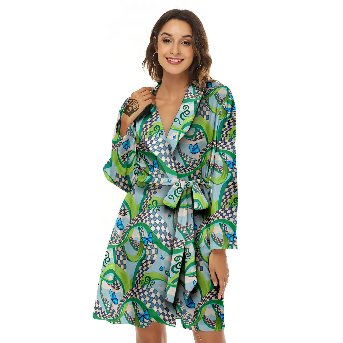 Maze Checkered Print Pattern Women's Robe-grizzshop