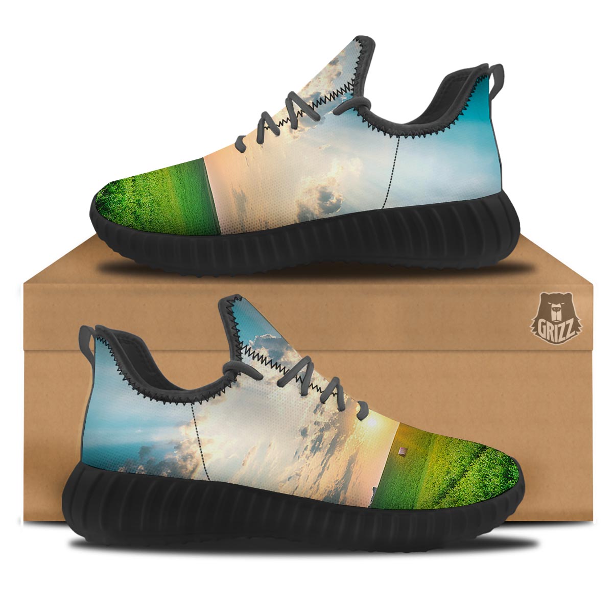 Meadow Sunrise Print Black Walking Shoes-grizzshop