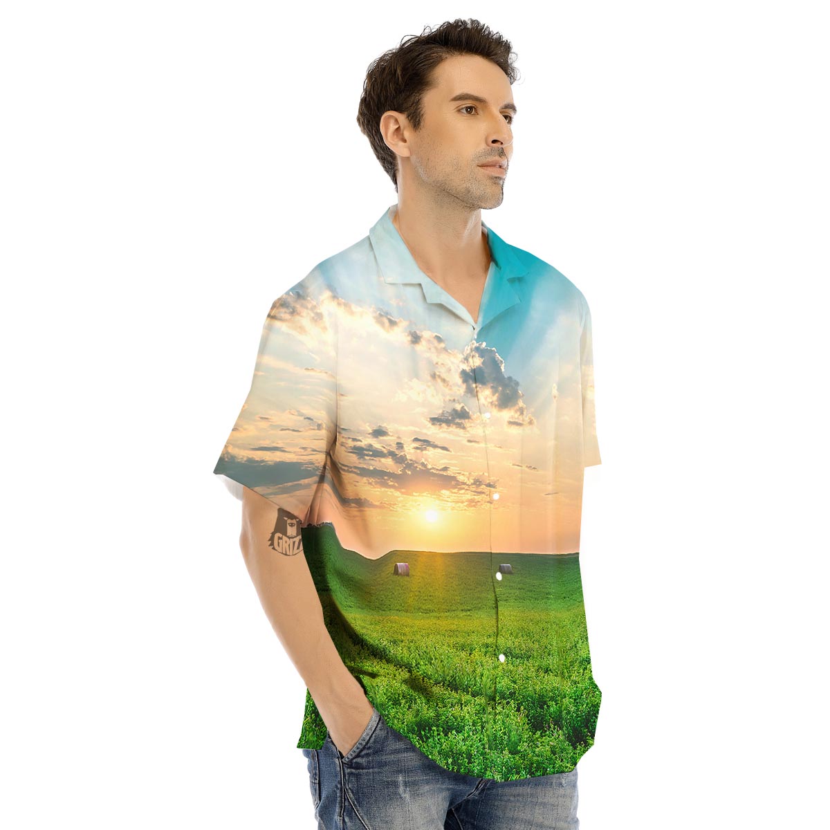 Meadow Sunrise Print Men's Hawaiian Shirt-grizzshop