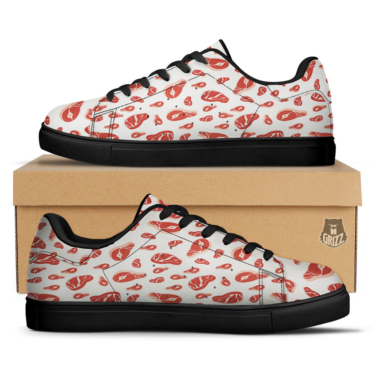 Meat Print Pattern Black Low Top Sneakers-grizzshop
