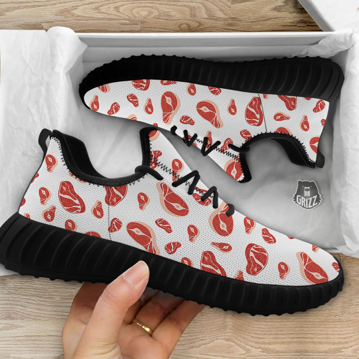 Meat Print Pattern Black Walking Shoes-grizzshop