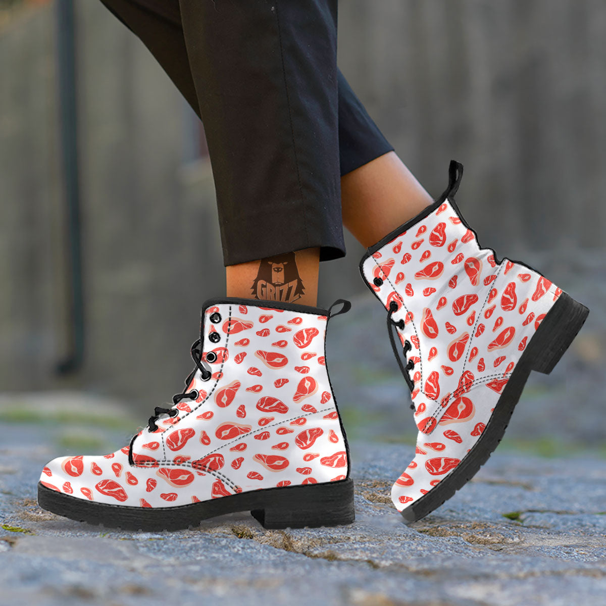 Meat Print Pattern Leather Boots-grizzshop
