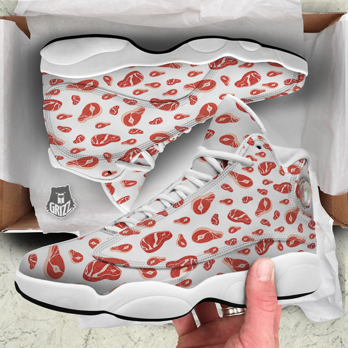 Meat Print Pattern White Basketball Shoes-grizzshop