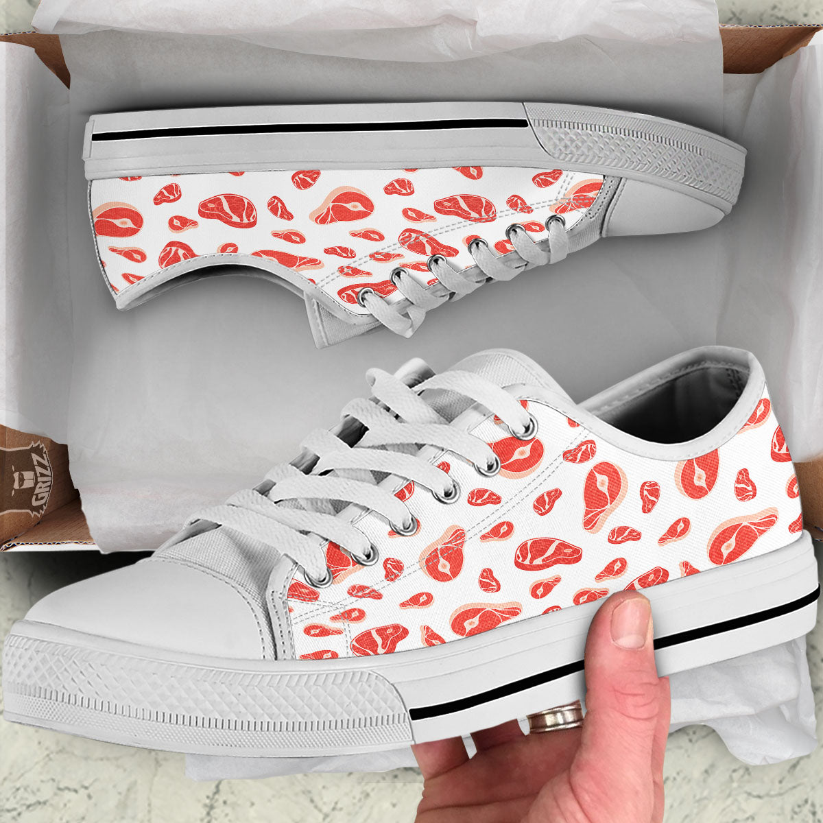Meat Print Pattern White Low Top Shoes-grizzshop