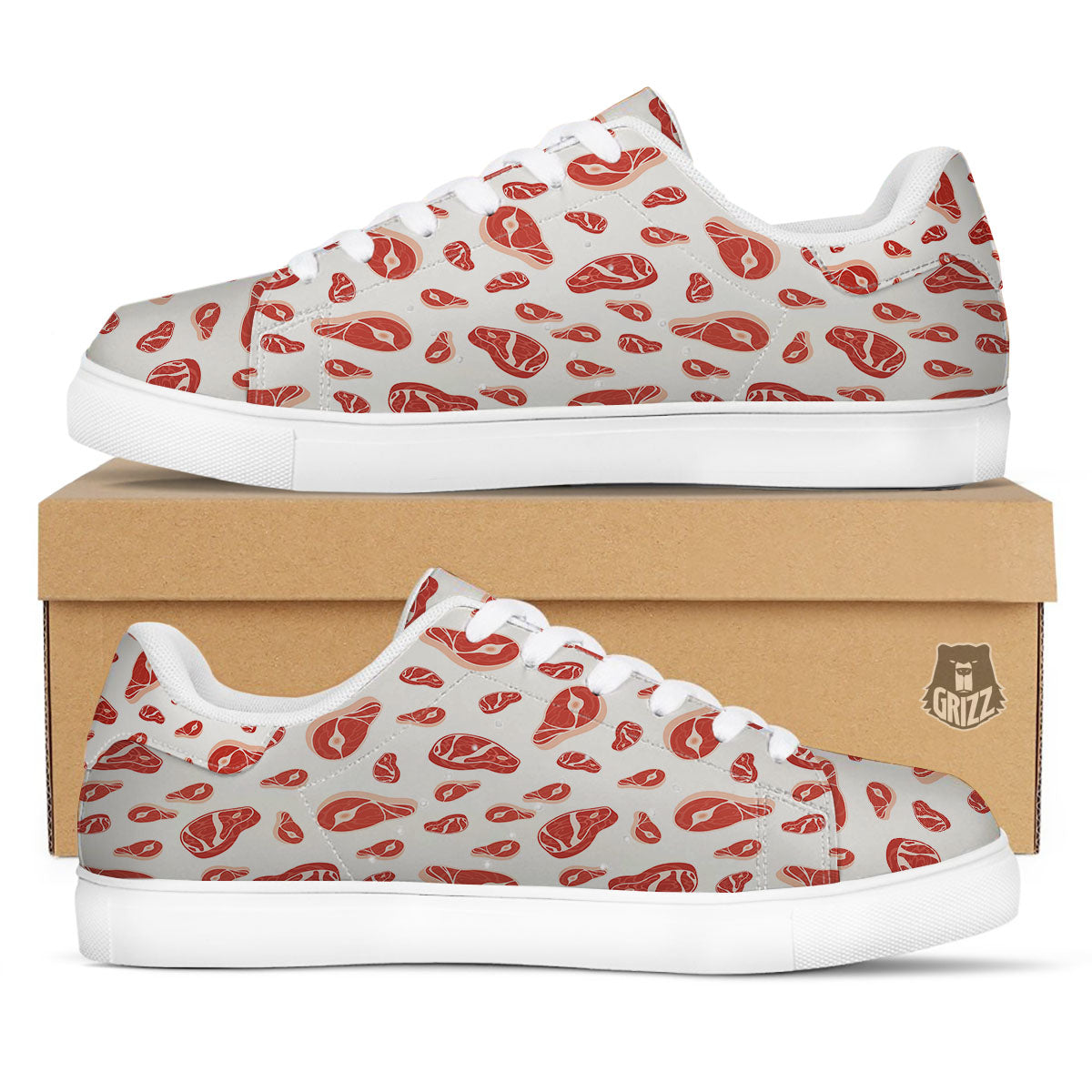 Meat Print Pattern White Low Top Sneakers-grizzshop