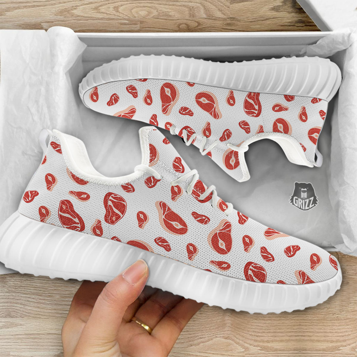 Meat Print Pattern White Walking Shoes-grizzshop