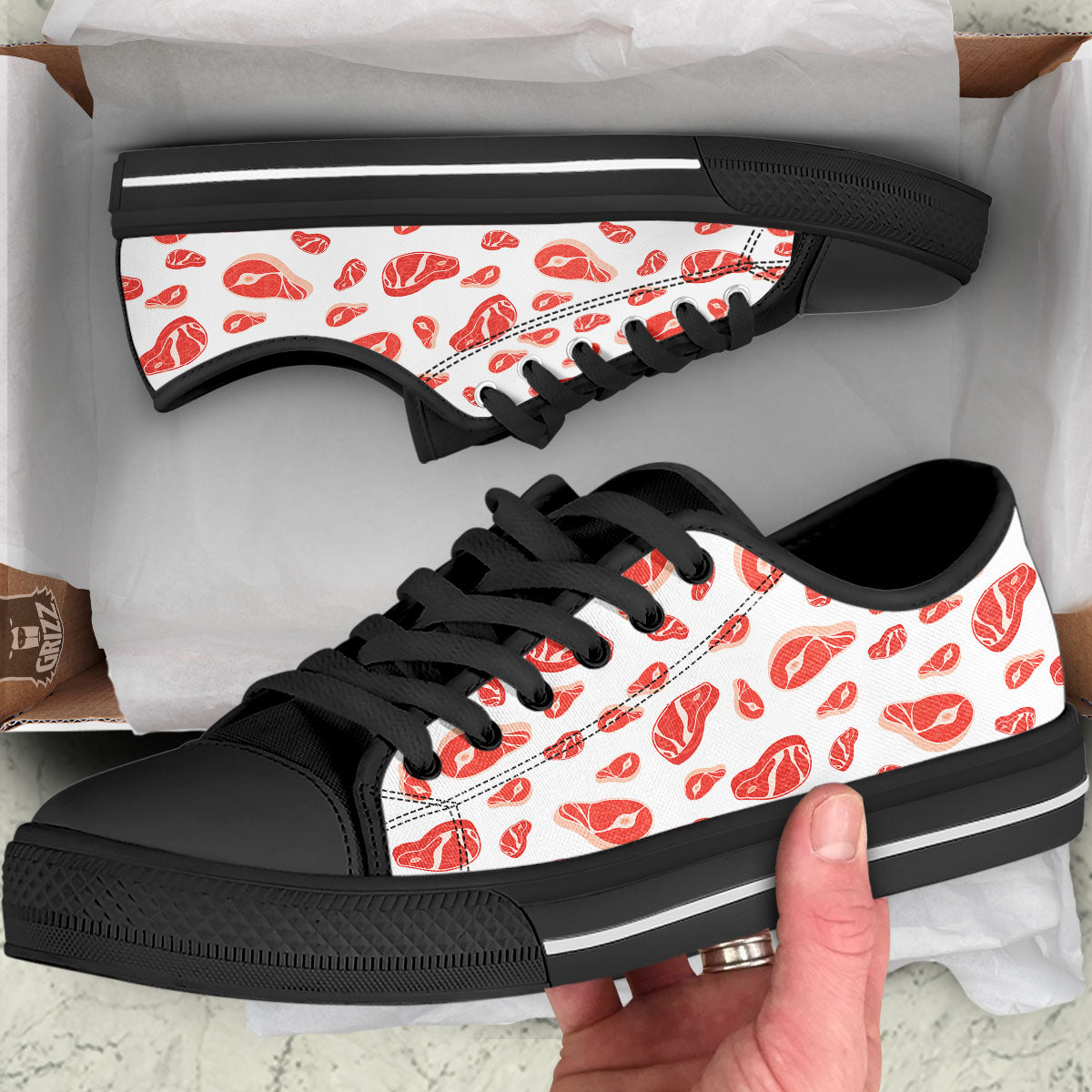 Meat Red Print Pattern Black Low Top Shoes-grizzshop