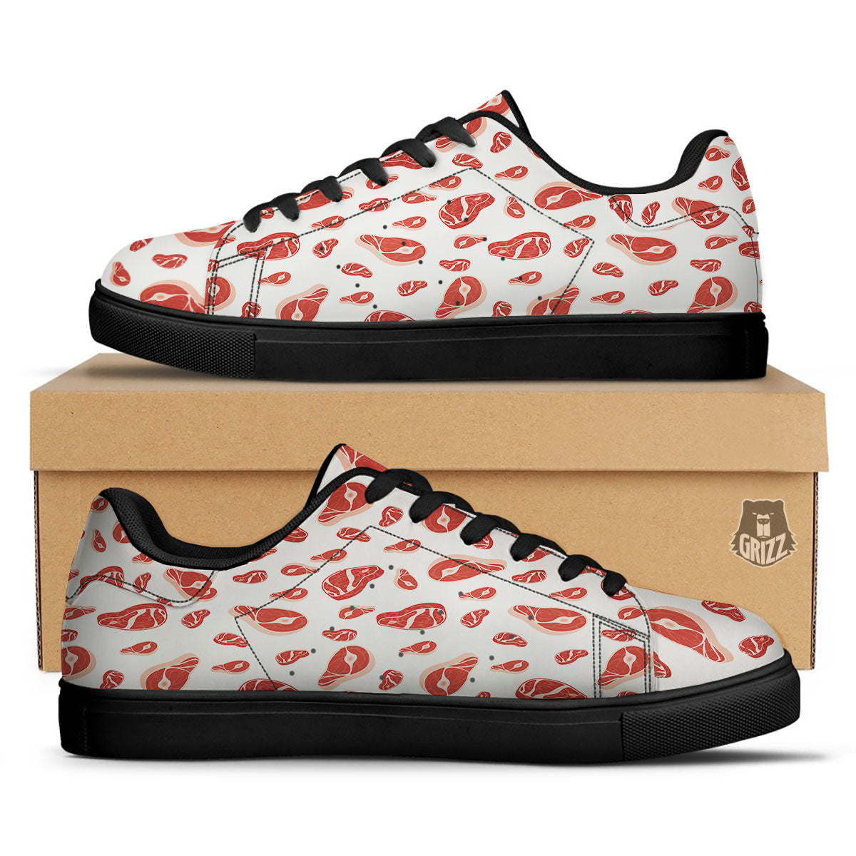 Meat Red Print Pattern Black Low Top Sneakers-grizzshop