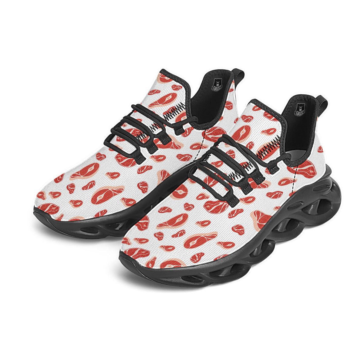 Meat Red Print Pattern Black Running Shoes-grizzshop
