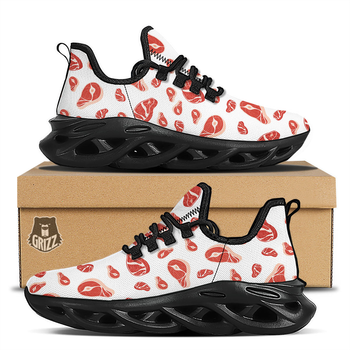 Meat Red Print Pattern Black Running Shoes-grizzshop