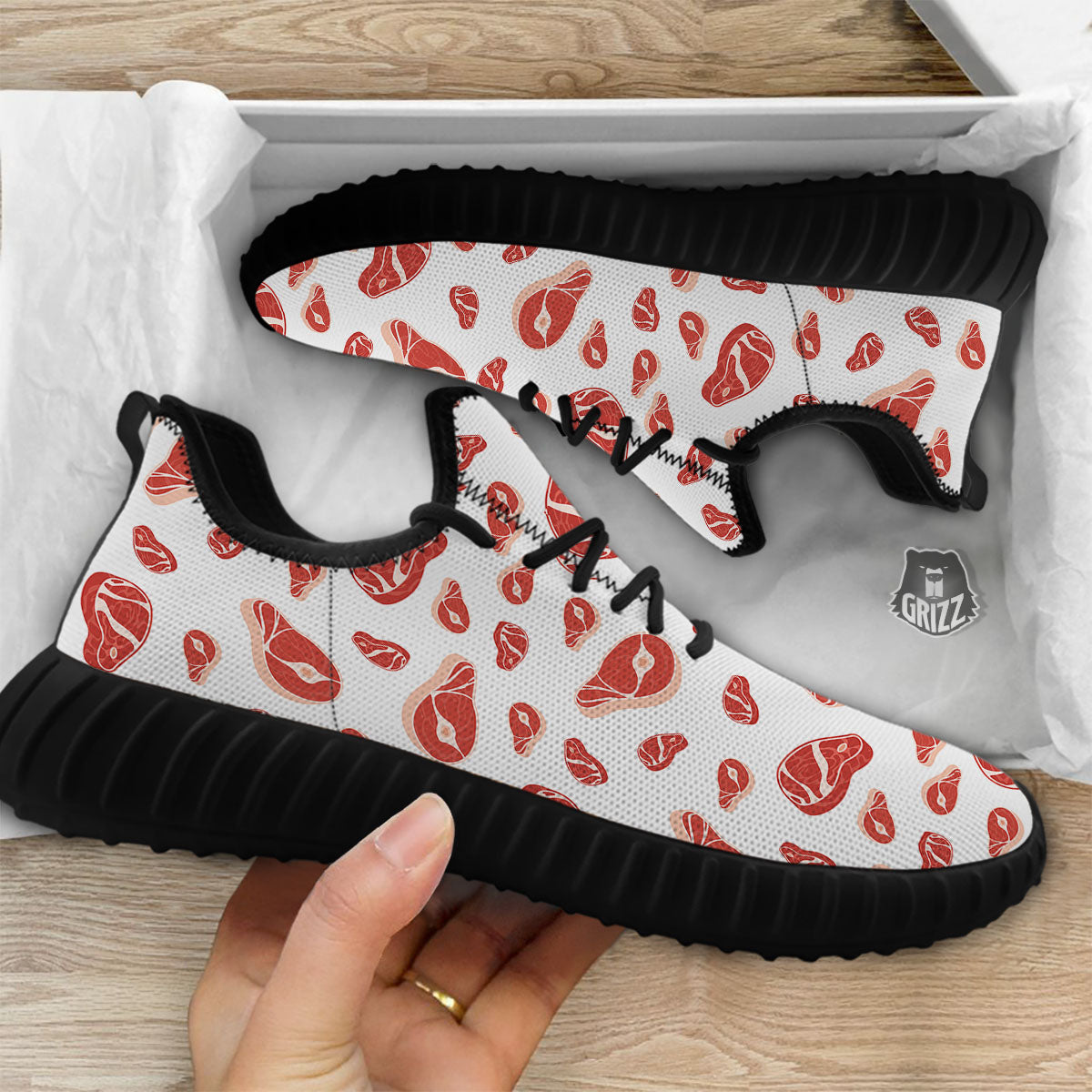 Meat Red Print Pattern Black Walking Shoes-grizzshop