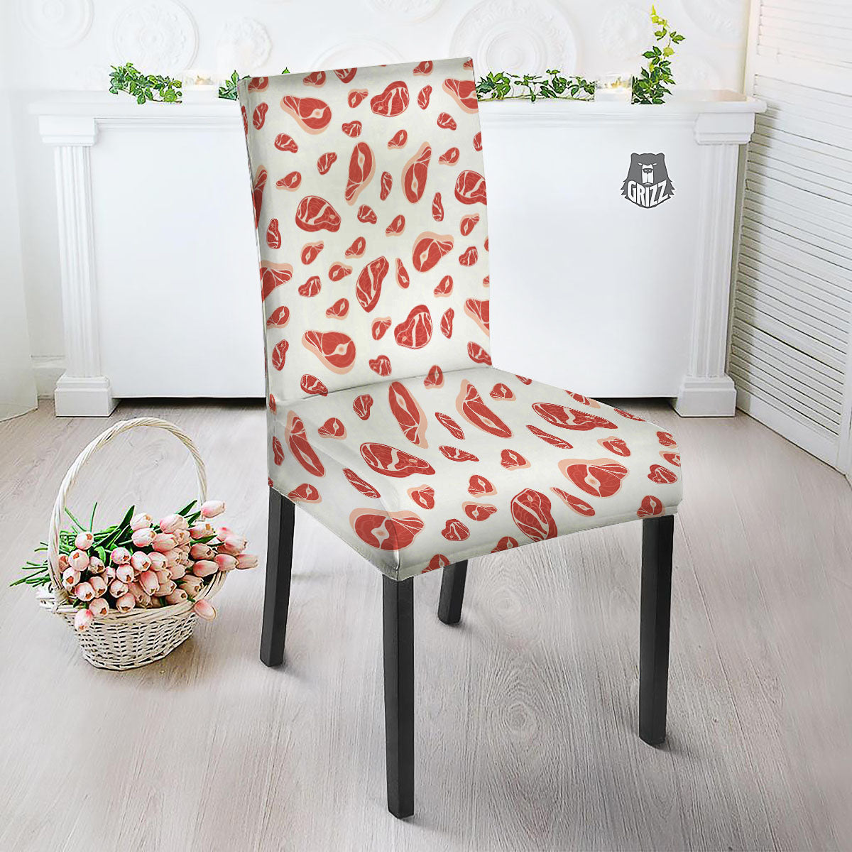 Meat Red Print Pattern Dining Chair Slipcover-grizzshop