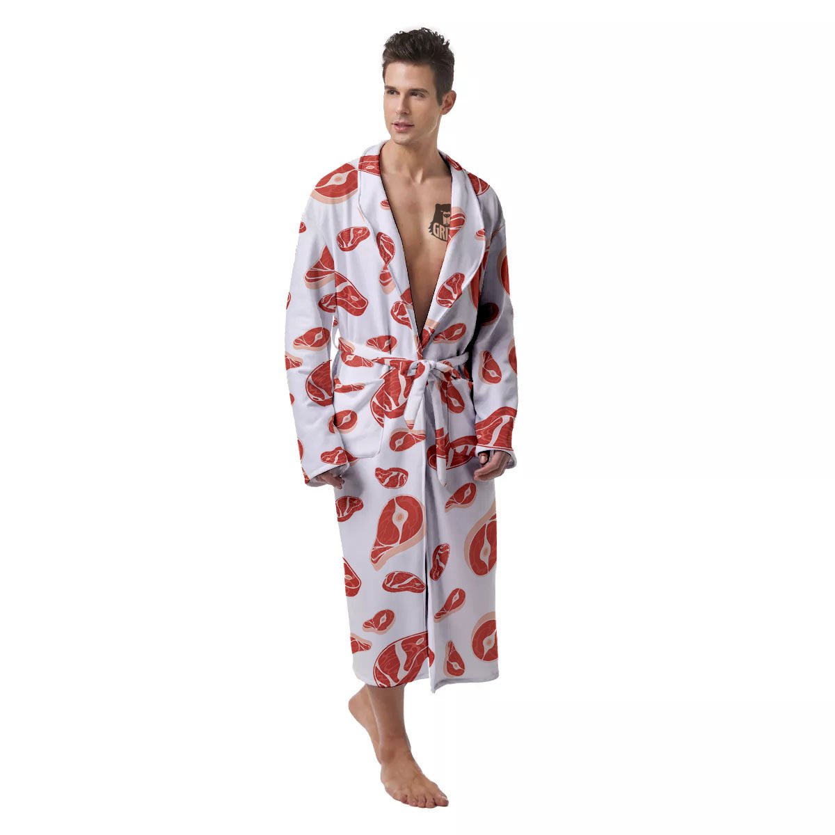 Meat Red Print Pattern Men's Robe-grizzshop