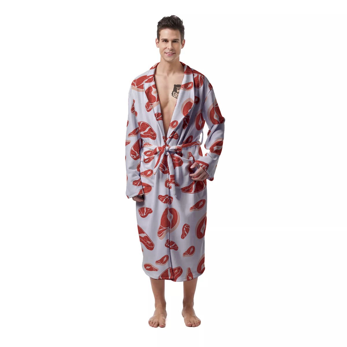 Meat Red Print Pattern Men's Robe-grizzshop