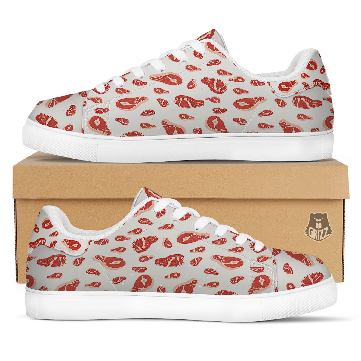 Meat Red Print Pattern White Low Top Sneakers-grizzshop