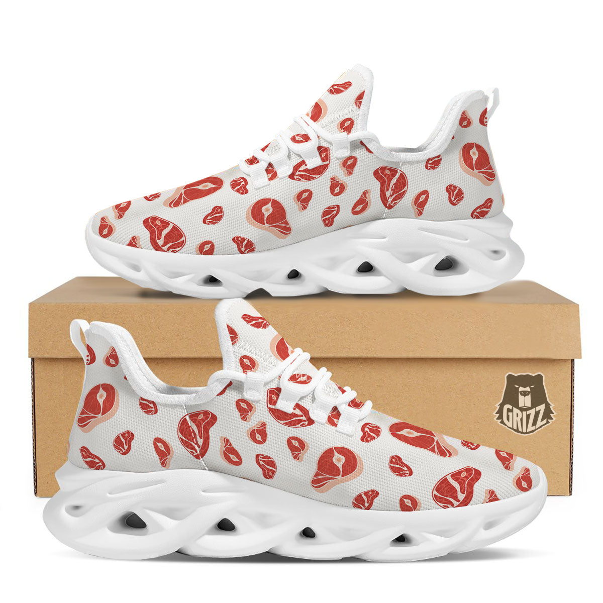 Meat Red Print Pattern White Running Shoes-grizzshop