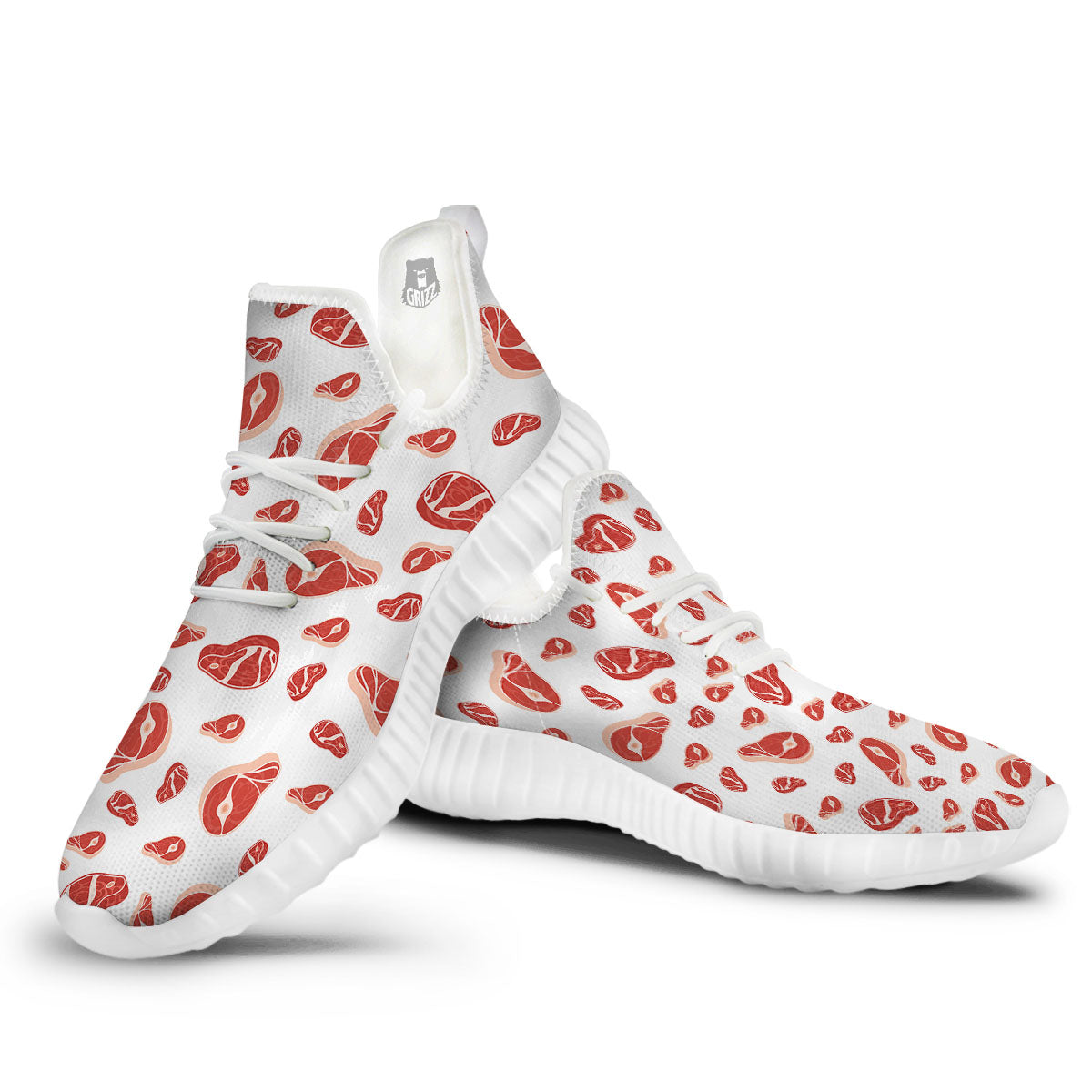 Meat Red Print Pattern White Walking Shoes-grizzshop