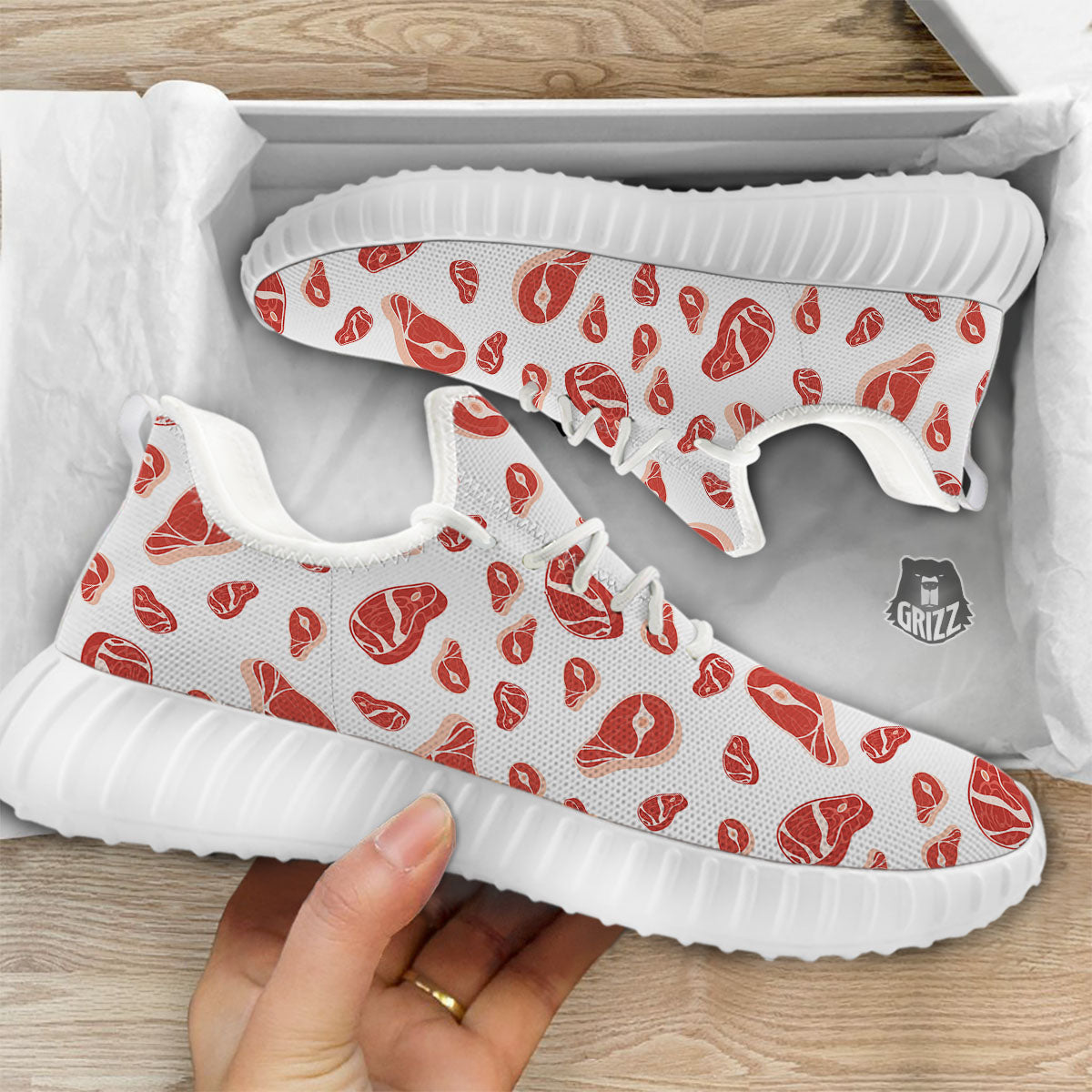 Meat Red Print Pattern White Walking Shoes-grizzshop