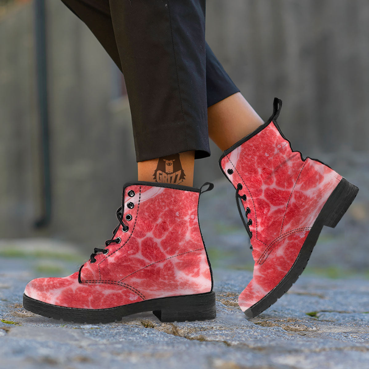 Meat Wagyu Beef Print Leather Boots-grizzshop