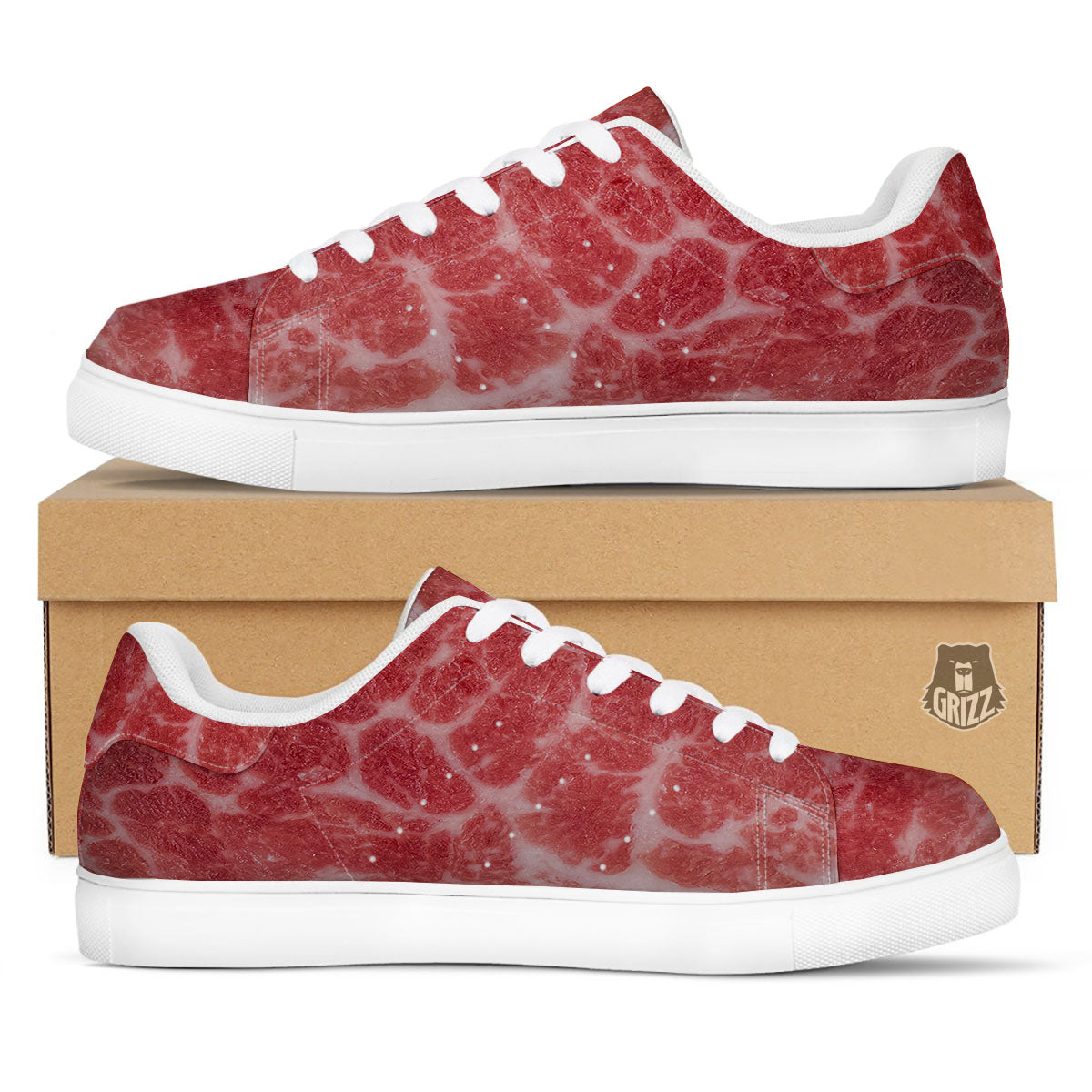 Meat Wagyu Beef Print White Low Top Sneakers-grizzshop