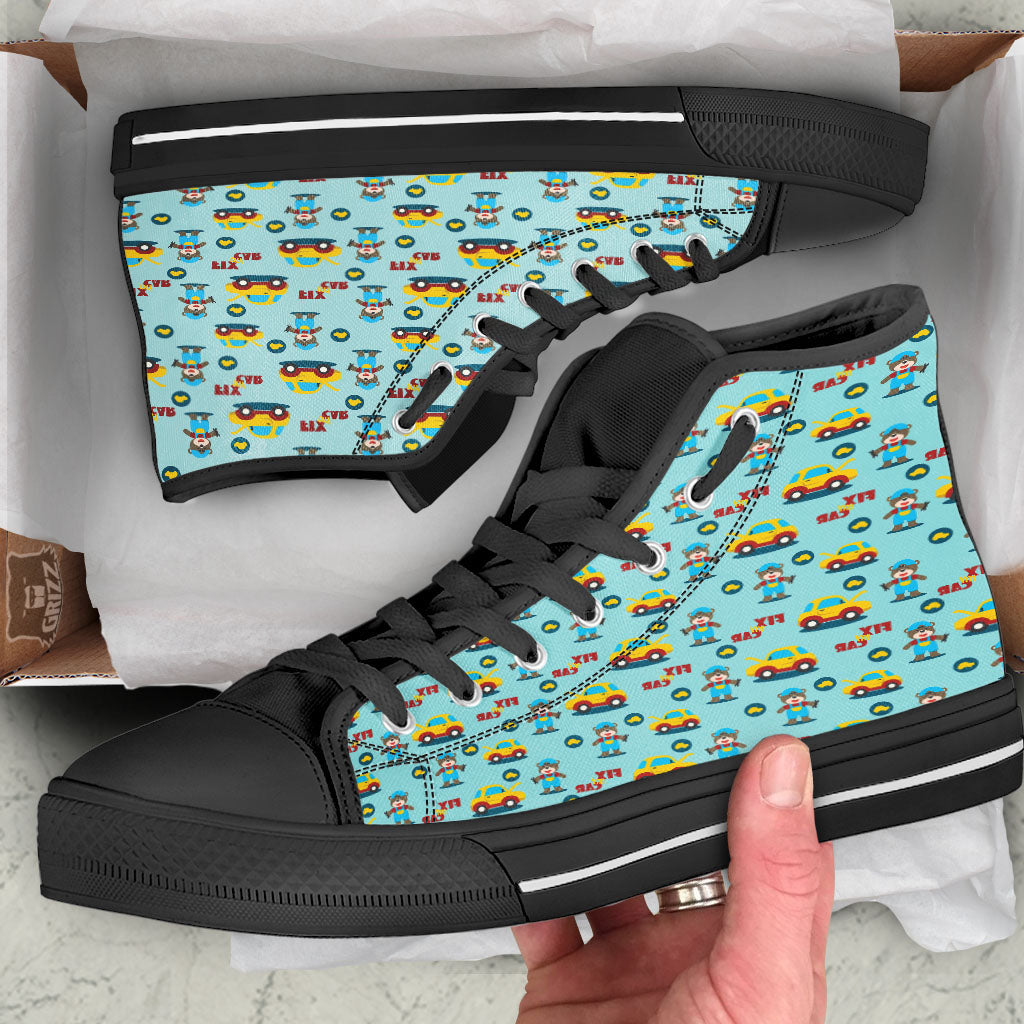 Mechanic Cartoon Print Pattern Black High Top Shoes-grizzshop